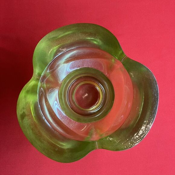 Vintage MCM Glass Bowl / Pedestal / Heavy / Green Clover / Iridescent / Flaw - Picture 5 of 13